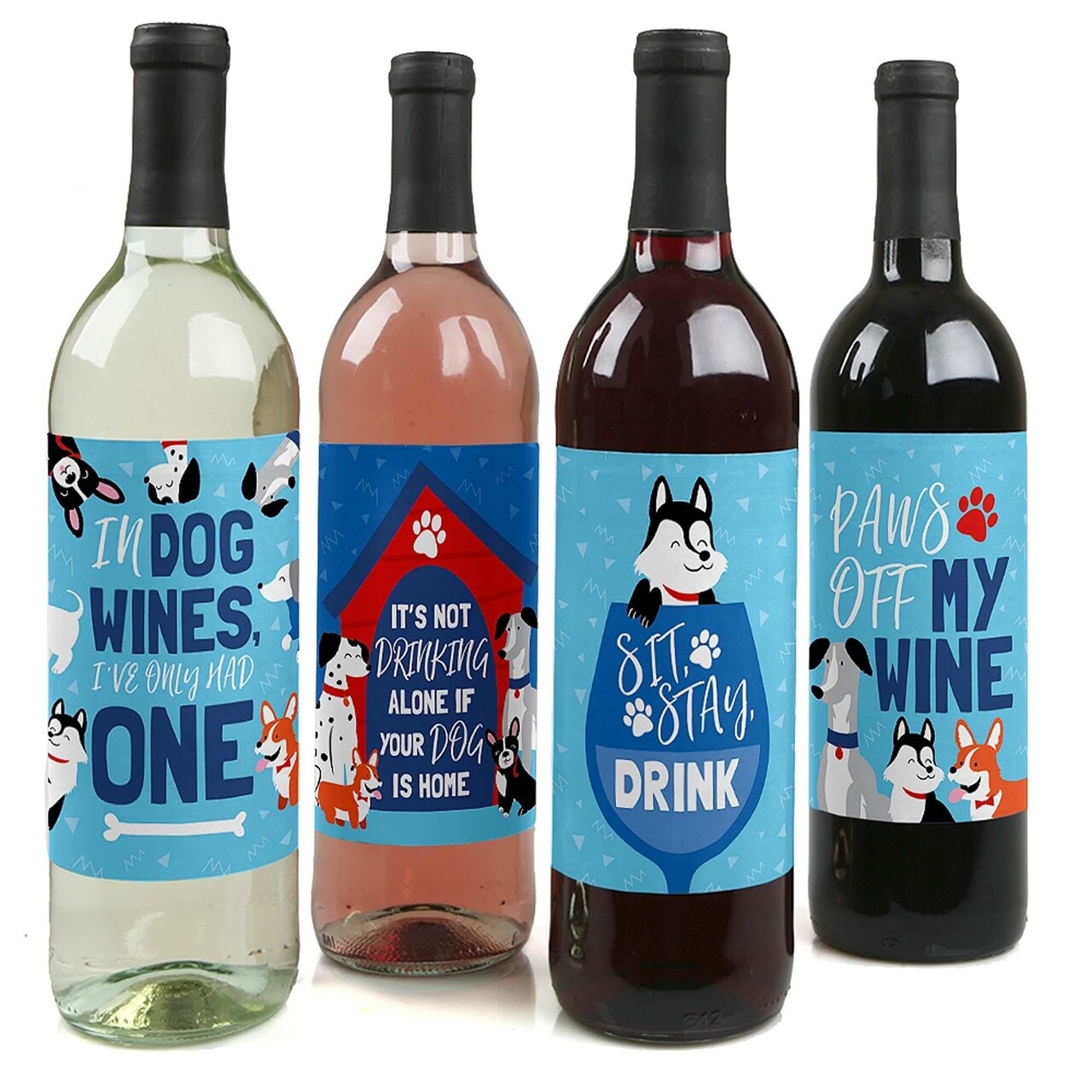 Big Dot of Happiness Pawty Like a Puppy - Dog Baby Shower or Birthday Party Decorations for Women and Men - Wine Bottle Label Stickers - Set of 4
